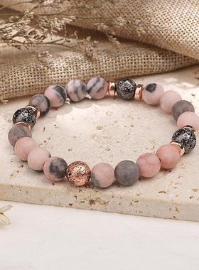 新品女士天然石粉斑马串珠手链生日礼物石手链