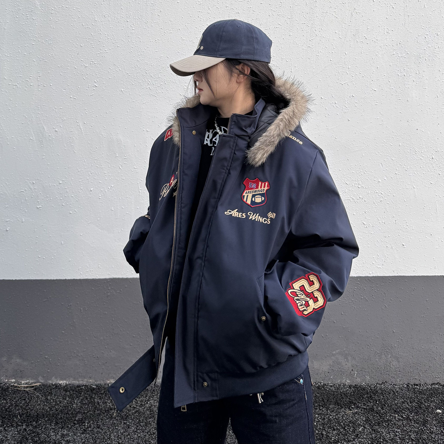 cemoliqi美式复古刺绣徽章座山雕棉衣男冬季加厚保暖飞行夹克棉服