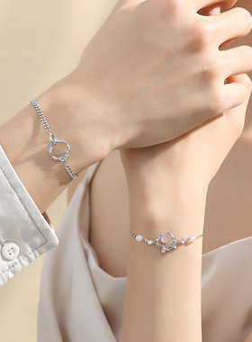 原创桃花夭夭情侣手链925纯银森系花卉枝叶闺蜜礼物手串几何手饰