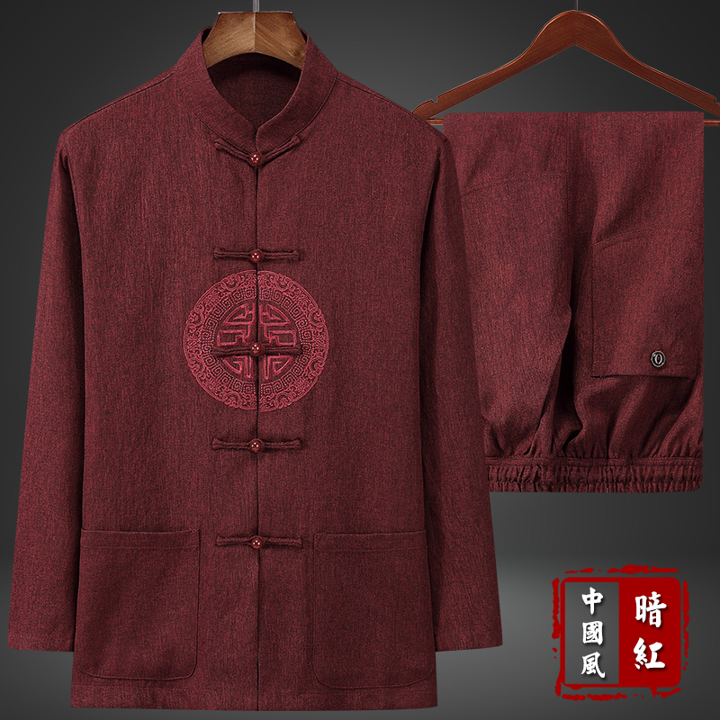 瑞杰夫旗舰店中老年人唐装男长袖棉亚麻套装春秋中式居士服中国风大码爸爸冬装0