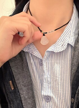 白玉髓佛公锁骨链编织黑绳可调节