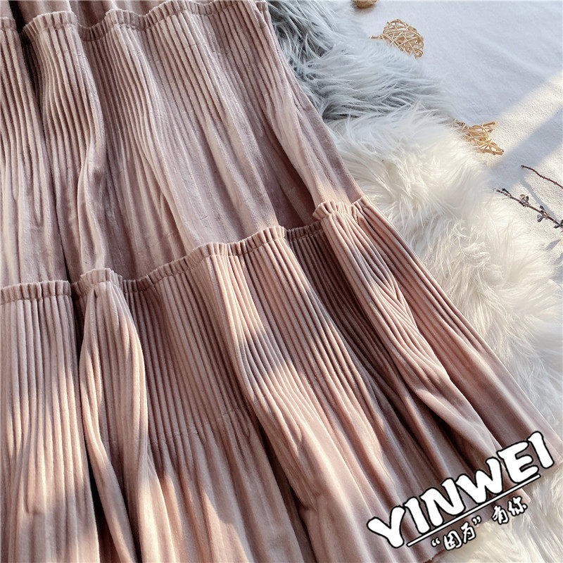 2020秋冬新款百褶丝绒仙女裙半身裙 茵蔚半身裙