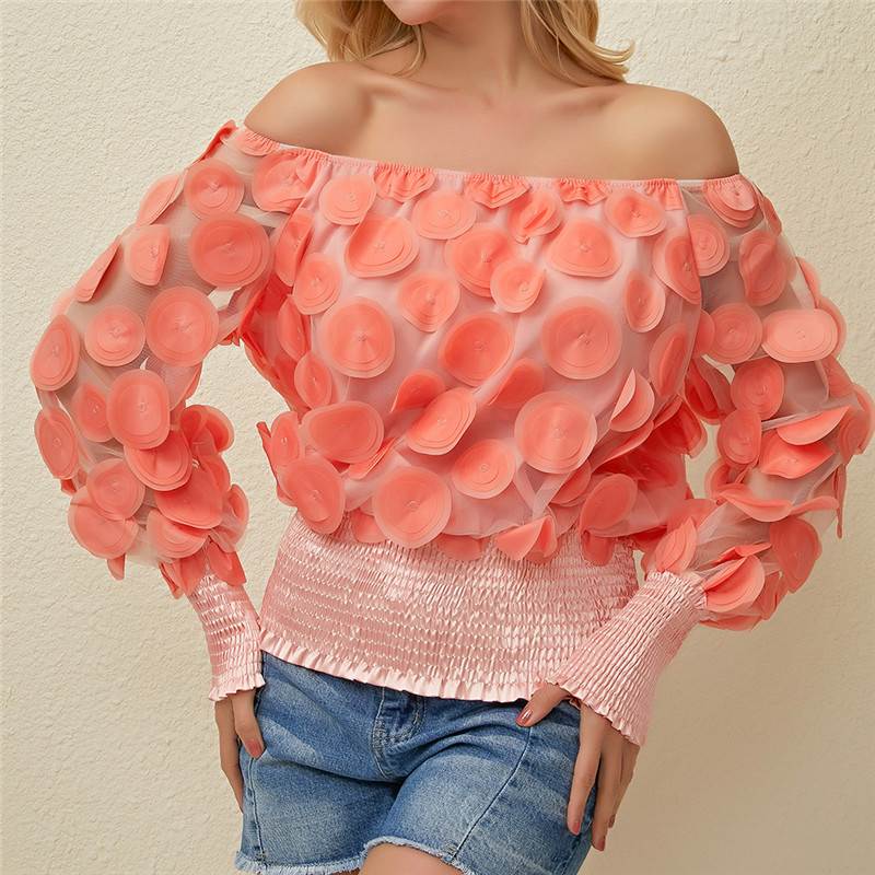 Sexy Off Shoulder Womens ops And Blouses 2023 Mesh Sheer Puf - 图3