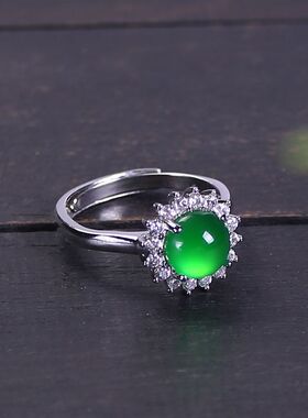 高冰正阳绿玉髓古风925银开口戒