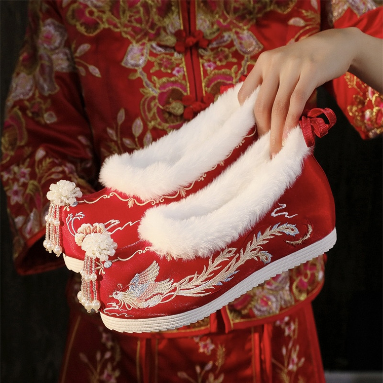 秋冬季新款加绒汉服鞋子女古风棉鞋内增高加棉刺绣花鞋汉元素布鞋 - 图1