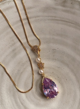 多面切割天然珍珠锁骨链浪漫限定紫色超闪锆石爱心法式轻奢项链女