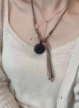 新中式山鬼花钱项链手搓棉线编织沉香平安扣编织绳吊坠项链复古小