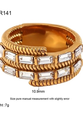 欧美复古时尚百搭指环镀18K金不锈钢镶钻多层麻花环形戒指女防水