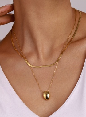 静俏设计欧美不锈钢18k金不锈钢光面胖乎乎椭圆吊坠刀片双层项链