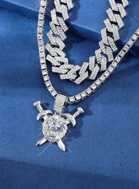 欧美双剑狮子头锌合金吊坠时尚嘻哈风满钻古巴链夸张男士项链