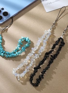 欧美天然水晶手机挂绳 diy串珠石头宝石碎石手机链手腕带