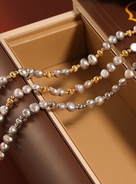 法式复古气质灰色淡水珍珠手工串珠手链女时尚个性镀金钛钢手饰品