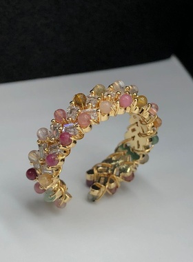 铜镀18k真金手工镶嵌彩色碧玺戒指活口戒托指环小众设计百搭