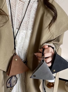 新款纯色双面三角包项链时尚穿搭配饰挂脖时尚麂皮绒长款毛衣链