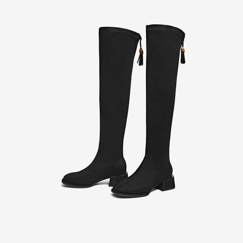 百思图2025冬季新款圆头粗跟弹力靴瘦瘦靴过膝靴女超长靴E5615DC5 - 图1