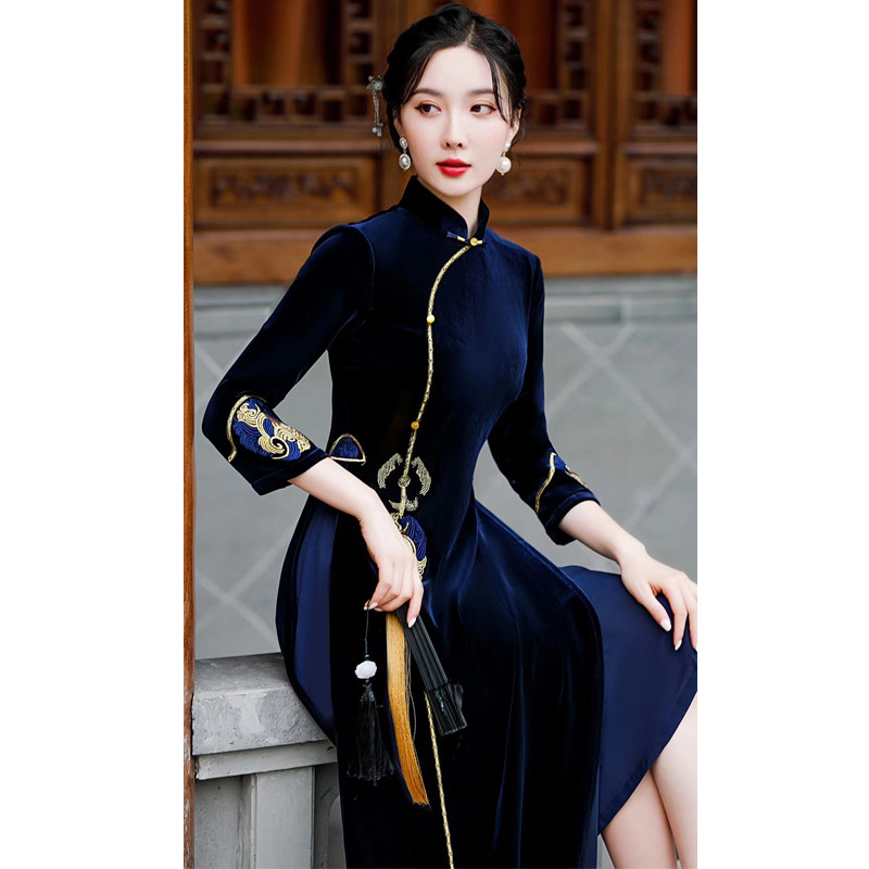 老上海改良版奥黛2021年新款中旗袍 红舍旗袍