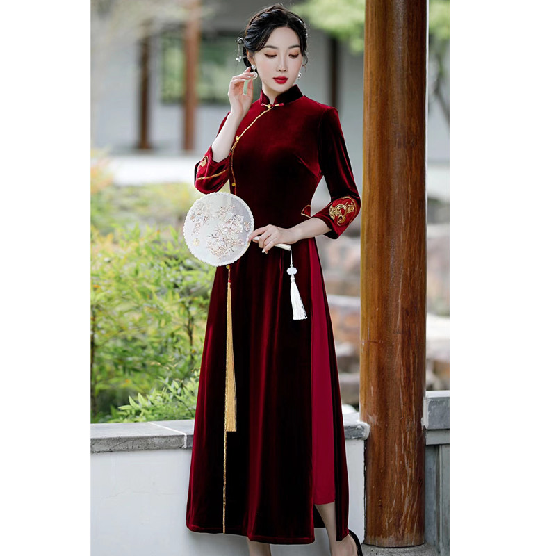 老上海改良版奥黛2021年新款中旗袍 红舍旗袍