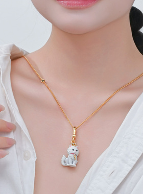 立体镶钻皇冠白色小猫咪吊坠项链