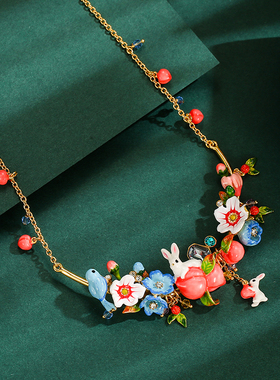 水蜜桃花朵小鸟兔子流苏项链珐琅