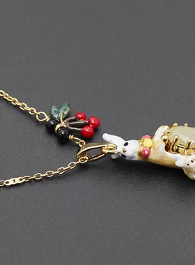 花朵樱桃白色兔子项链锁骨链宝石