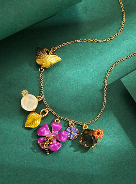金属蝴蝶紫色花朵宝石流苏项链女