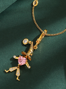 粉色爱心水晶镶钻小丑吊坠项链潮