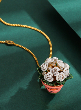 白色玫瑰花束吊坠项链长款毛衣链