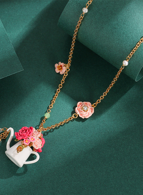 洒水壶项链粉色花朵流苏锁骨链女
