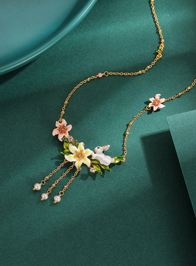 渐变花朵灰色兔子珍珠流苏项链女