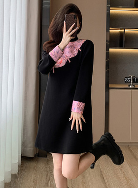 新中式撞色拼接盘扣国风连衣裙女