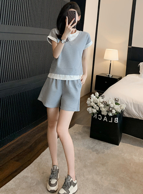 灰白撞色拼接休闲套装女