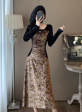 超好看复古丝绒旗袍连衣裙女秋季