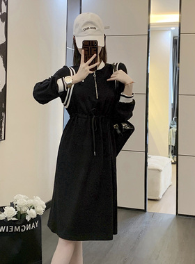 时尚简约休闲黑色卫衣连衣裙女秋