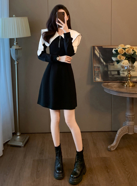 休闲黑色减龄收腰黑白拼接裙子女
