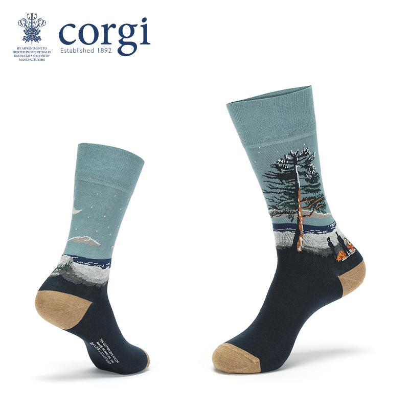 CORGI英国进口男士浪漫海滨印花精梳棉休闲防臭舒适流行中筒袜