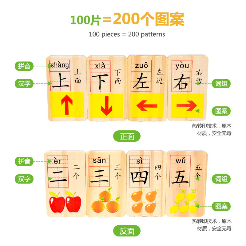 木质多米诺骨牌儿童早教益智积木1-2-3-6岁宝宝数字识字认知玩具 - 图0