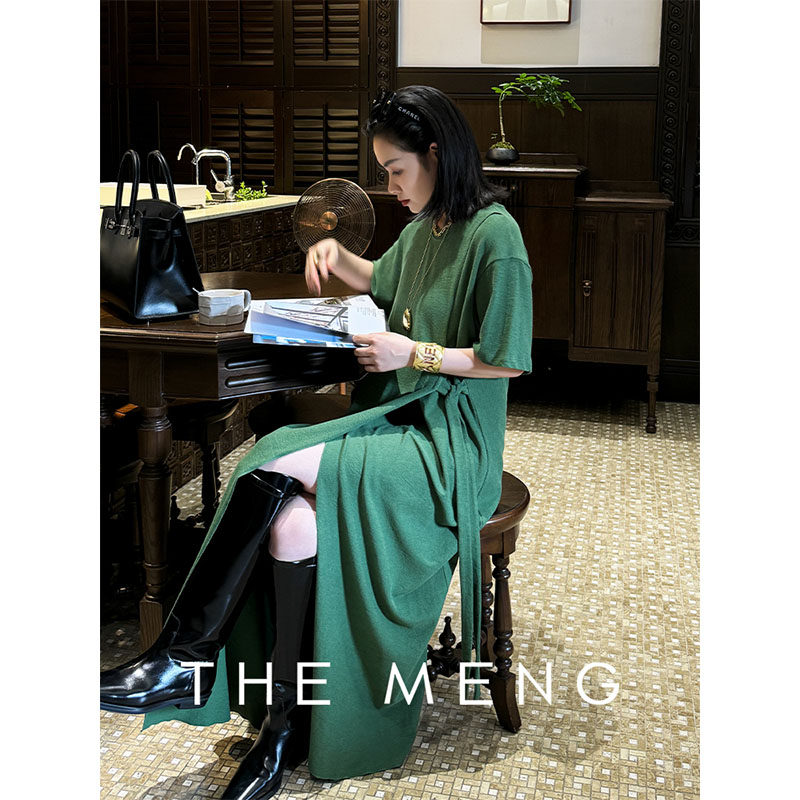 THEMENG 野趣 100棉短袖H直筒版型高腰显瘦圆领透气连衣裙女