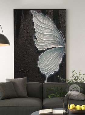 ins风现代简约黑白灰蝴蝶挂画高级感客餐厅走廊装饰画纯手绘油画