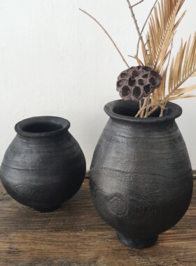 侘寂风实木大肚花瓶器罐摆件中式