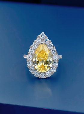 钻戒指纯银镀白金超大克拉黄钻女