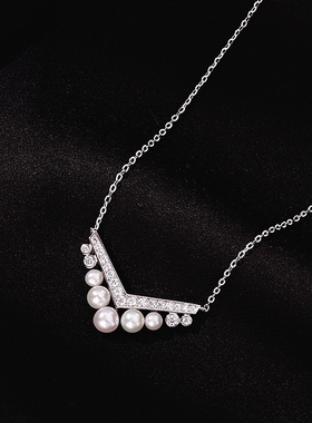 纯银女V字镶钻珍珠皇冠项链锁骨