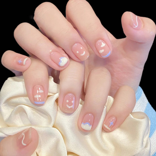 彩绘线条涂鸦云朵夏日清新纯手工光疗穿戴甲日常显白气质美甲片 - 图0