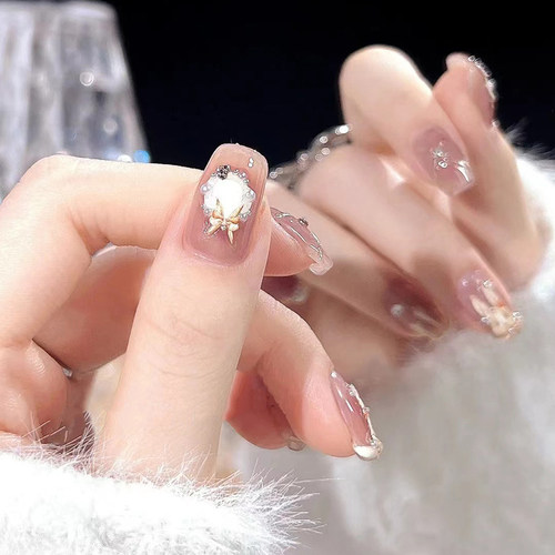 立体爱丽丝兔子水滴镜面森系温柔显白高贵可爱穿戴甲学生新娘美甲 - 图0
