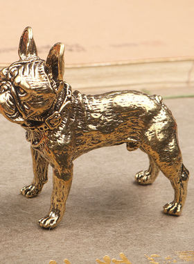 做旧黄铜实心小狗摆件法斗狗茶桌桌面茶宠装饰品十二生肖旺财狗