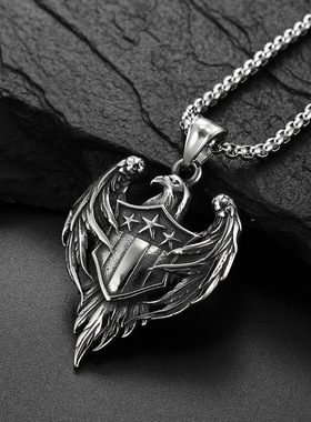 狂饰风钛钢男老鹰军牌项链