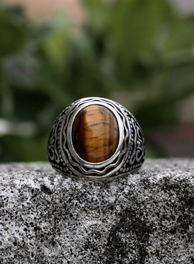 潮牌朋克宝石戒指男霸气镶嵌虎眼石指环潮ins大号戒子复古欧美风