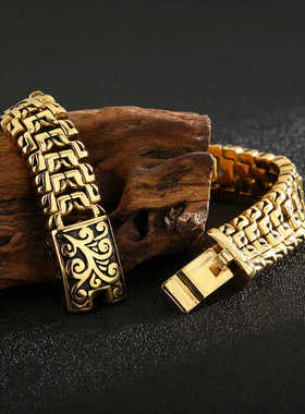 钛钢手链 男款宽版手环做旧编织欧美潮流个性霸气嘻哈花卉手链男