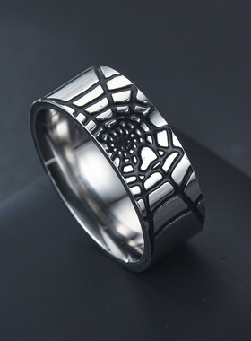狂饰风男钛钢蜘蛛网戒指