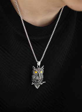 狂饰风钛钢猫头鹰骷髅项链男款