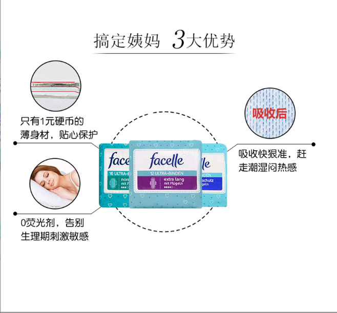 德国facelle棉柔超薄5滴水一包10片卫生巾夜用带护翼32cm无香3包 - 图2